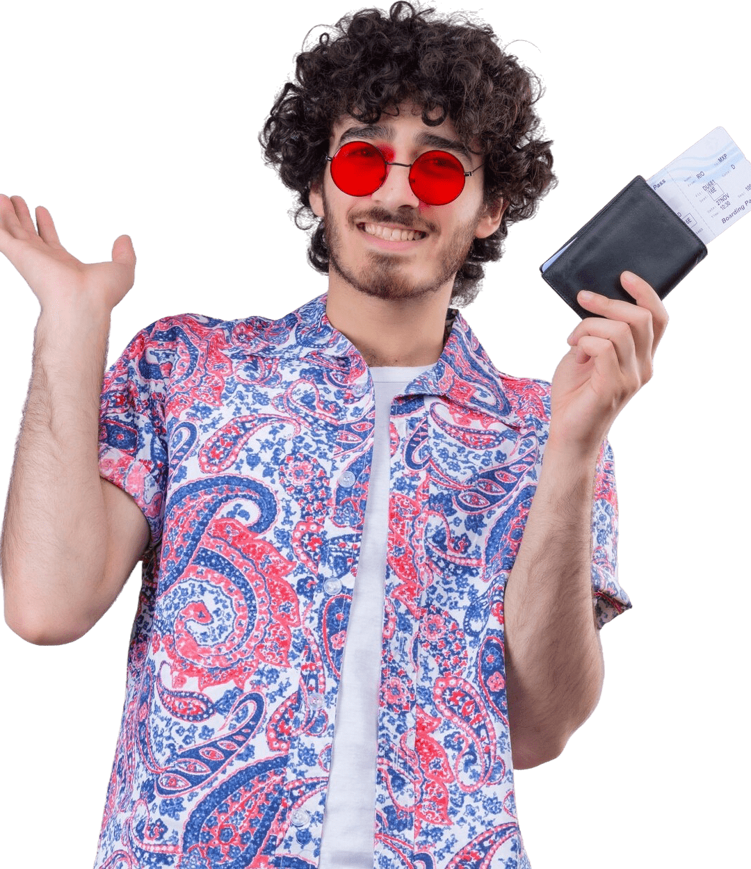 smiling-young-handsome-curly-traveler-man-wearing-sunglasses-holding-wallet-airplane-tickets-showing-empty-hand-isolated-white-wall-min